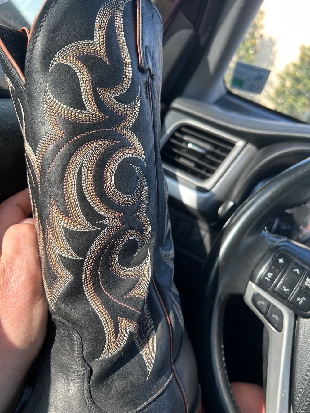 Black Leather Cowboy Boot with Tan Embroidery - Picture 5 of 7